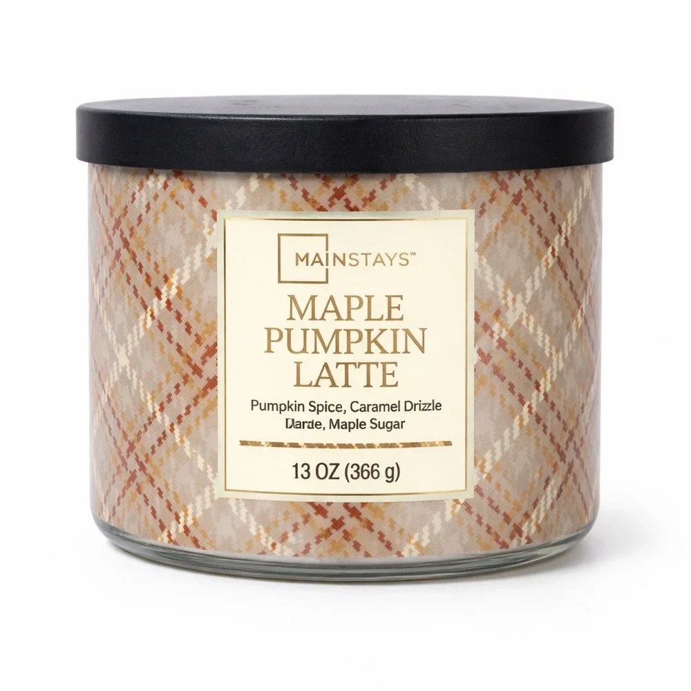 Mainstays Maple Pumpkin‎ Latte Candle 13oz 3 Wick Plaid Jar New